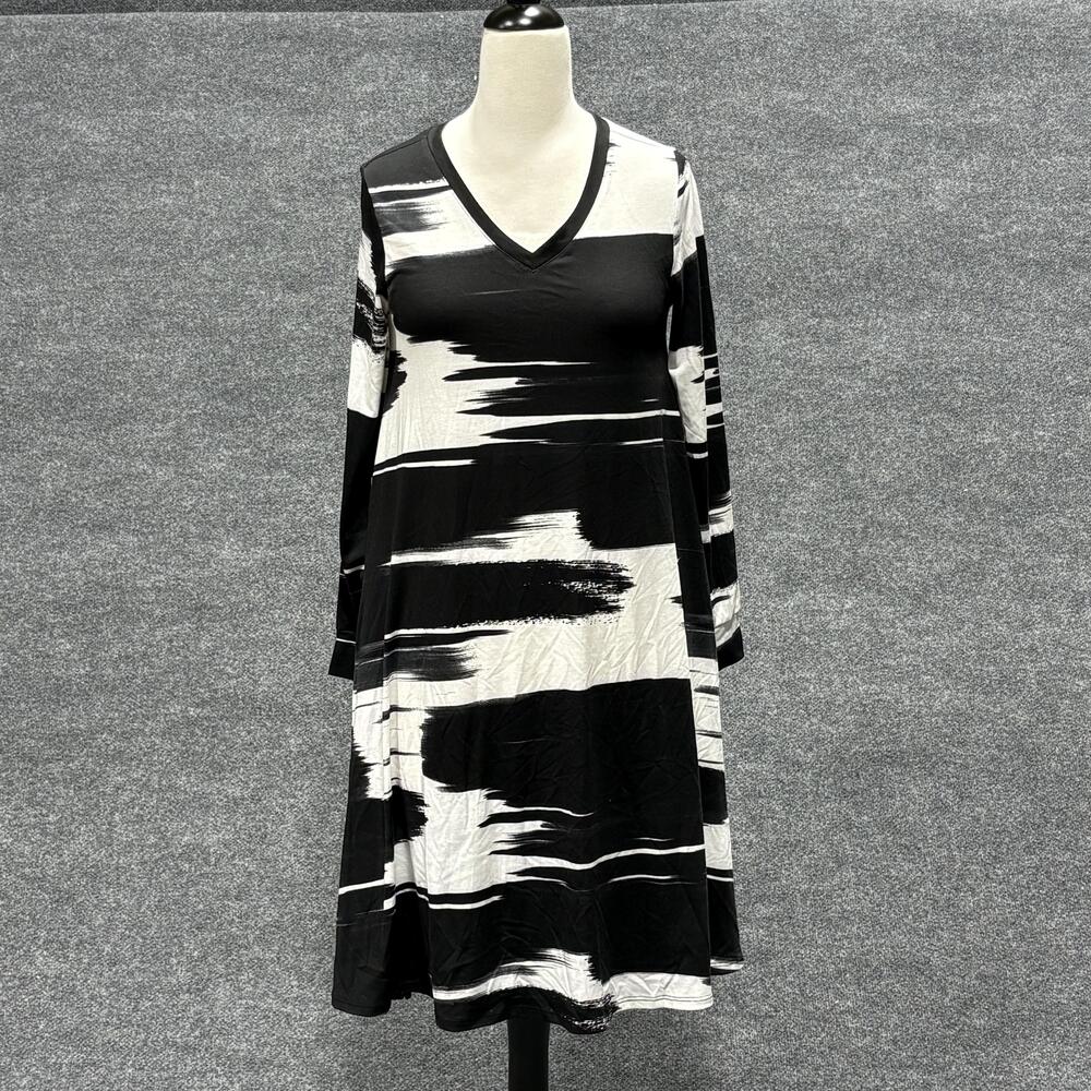LuLaRoe Dress Womens XXS Black White Emily Long Sleeve V-Neck A-Line Swing Midi